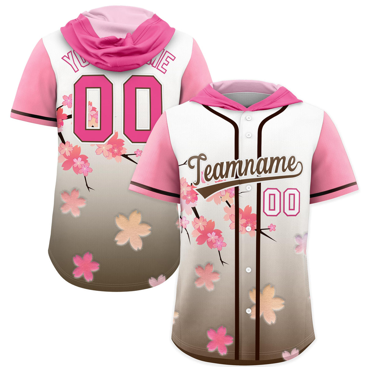 Custom Hooded Baseball Jersey | Pink Light Brown Cherry Blossom Breathable Athleisure Streetwear