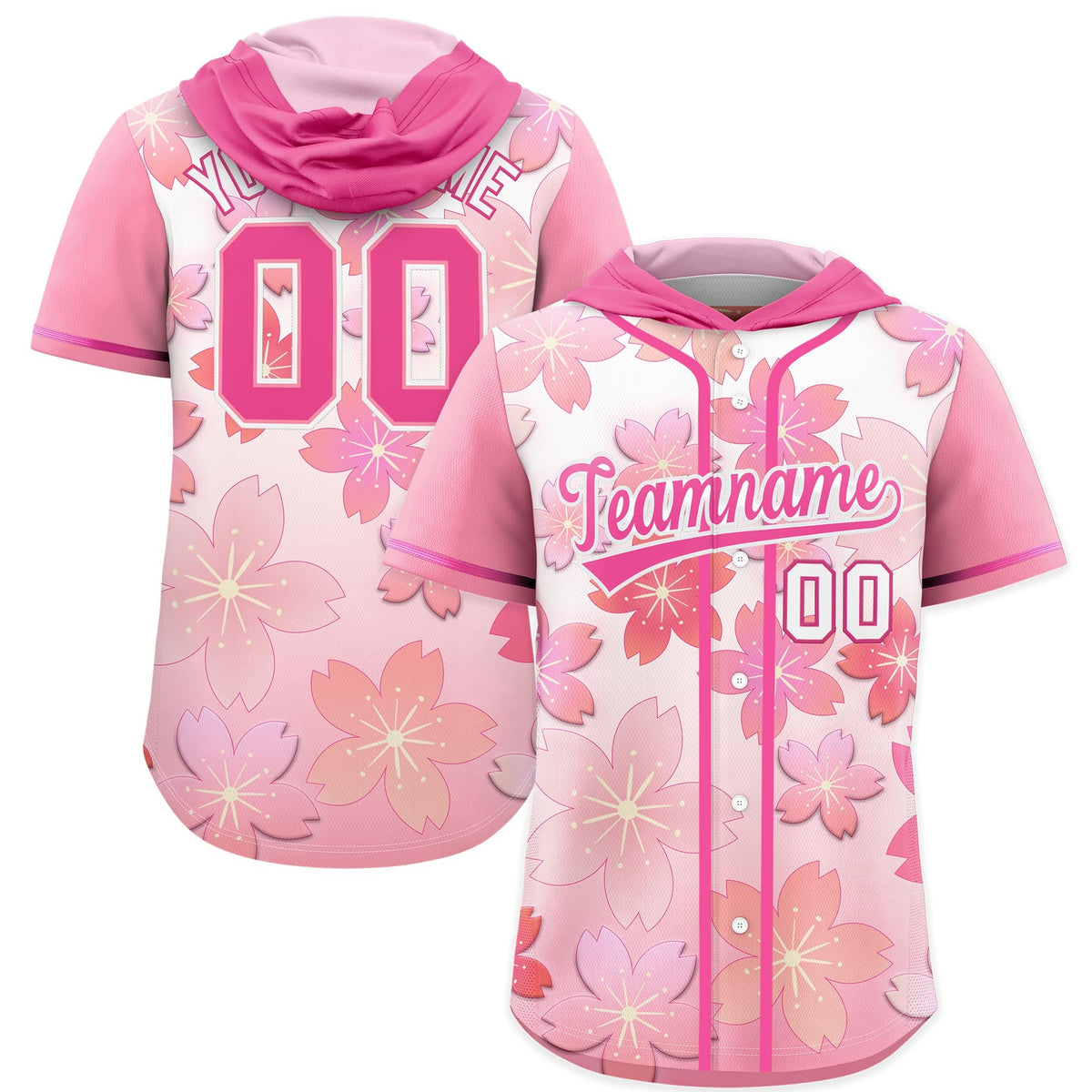 Custom Hooded Baseball Jersey | Pink Pink Cherry Blossom Personalized Name &amp; Number Sport Jersey