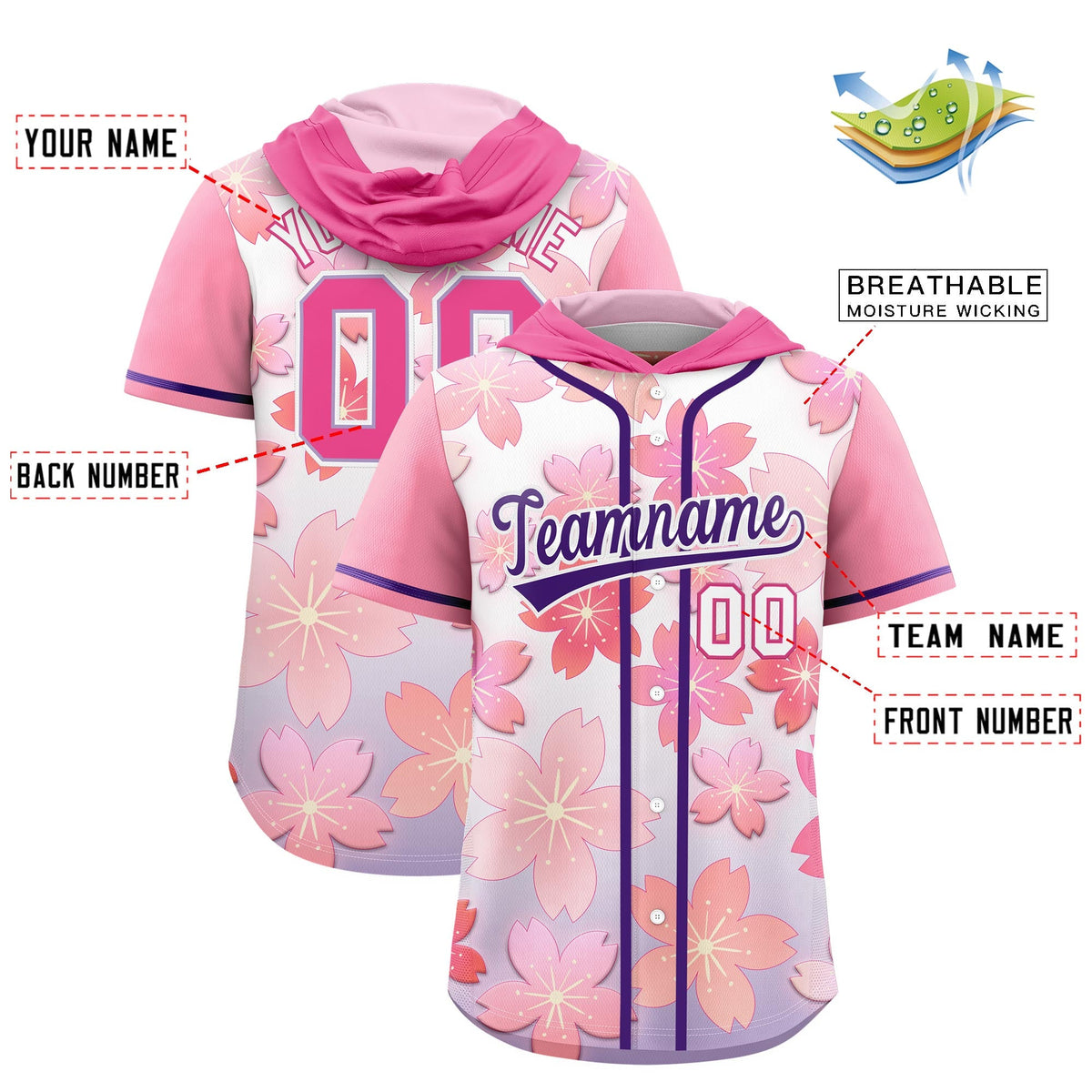Custom Hooded Baseball Jersey | Pink Purple Cherry Blossom Moisture-Wicking Jersey for Men &amp; Women