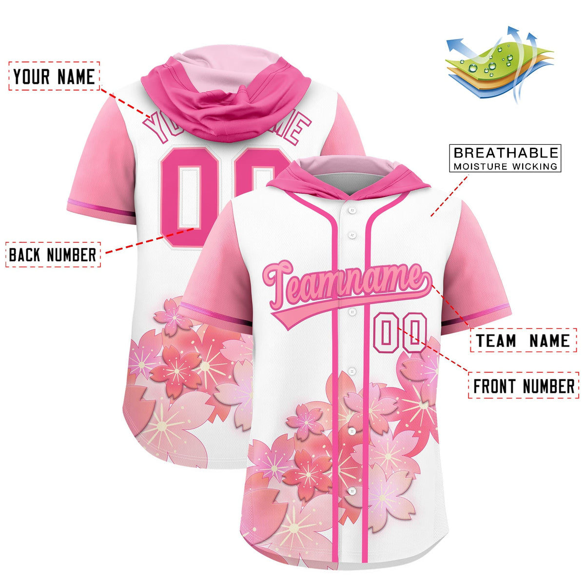 Custom Hooded Baseball Jersey | Pink Light Pink Cherry Blossom Personalized Name &amp; Number Sport Jersey
