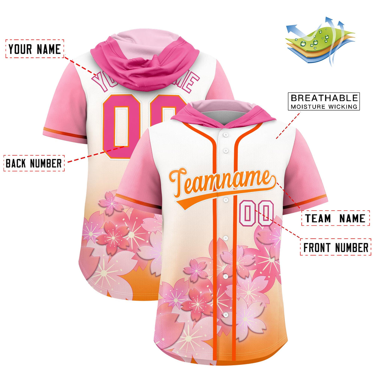 Custom Hooded Baseball Jersey | Pink Orange Cherry Blossom Moisture-Wicking Jersey for Men &amp; Women