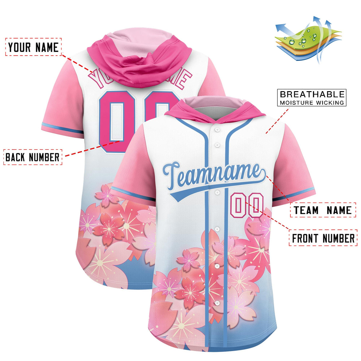 Custom Hooded Baseball Jersey | Pink Light Blue Cherry Blossom Personalized Name &amp; Number Sport Jersey
