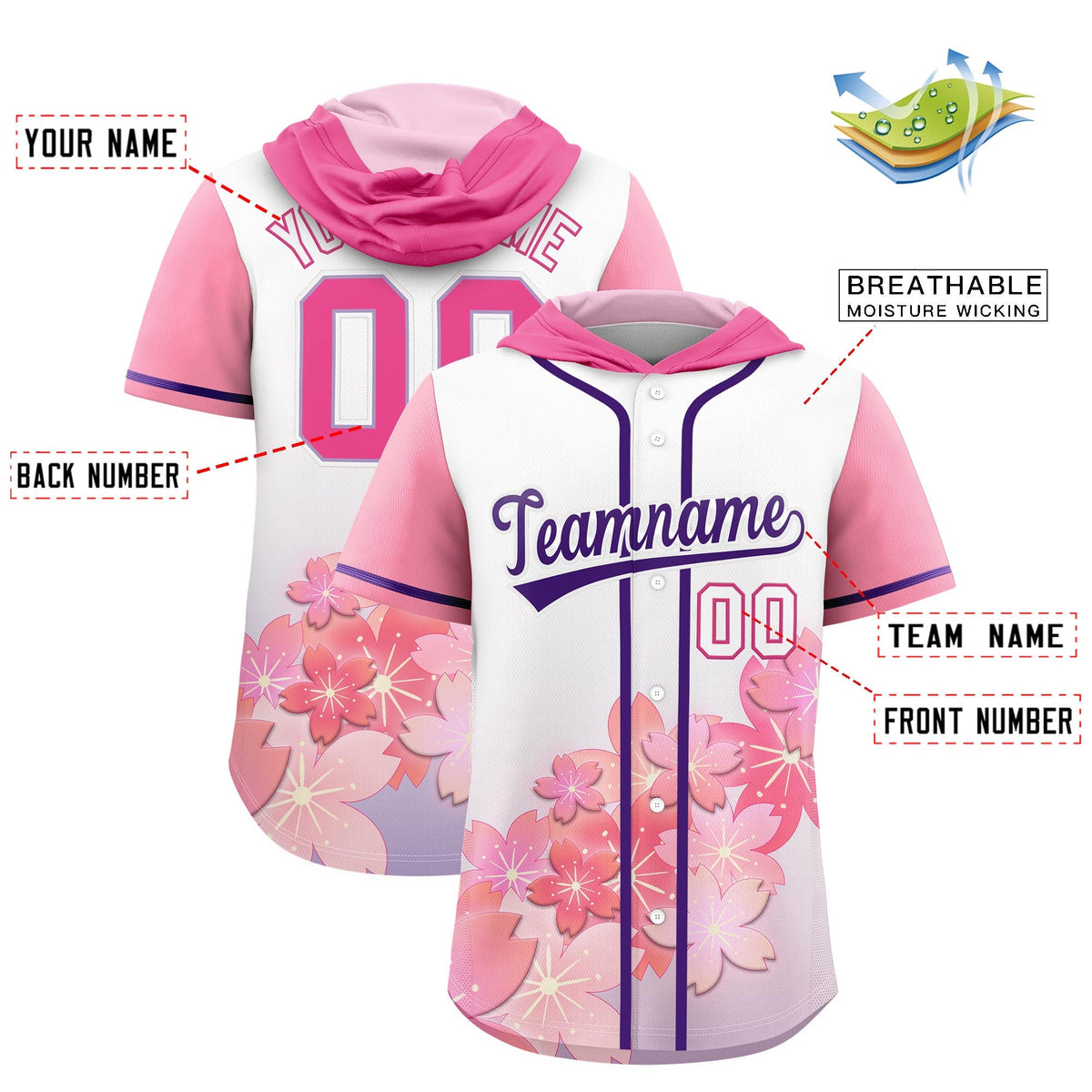 Custom Hooded Baseball Jersey | Pink Purple Cherry Blossom Breathable Athleisure Streetwear