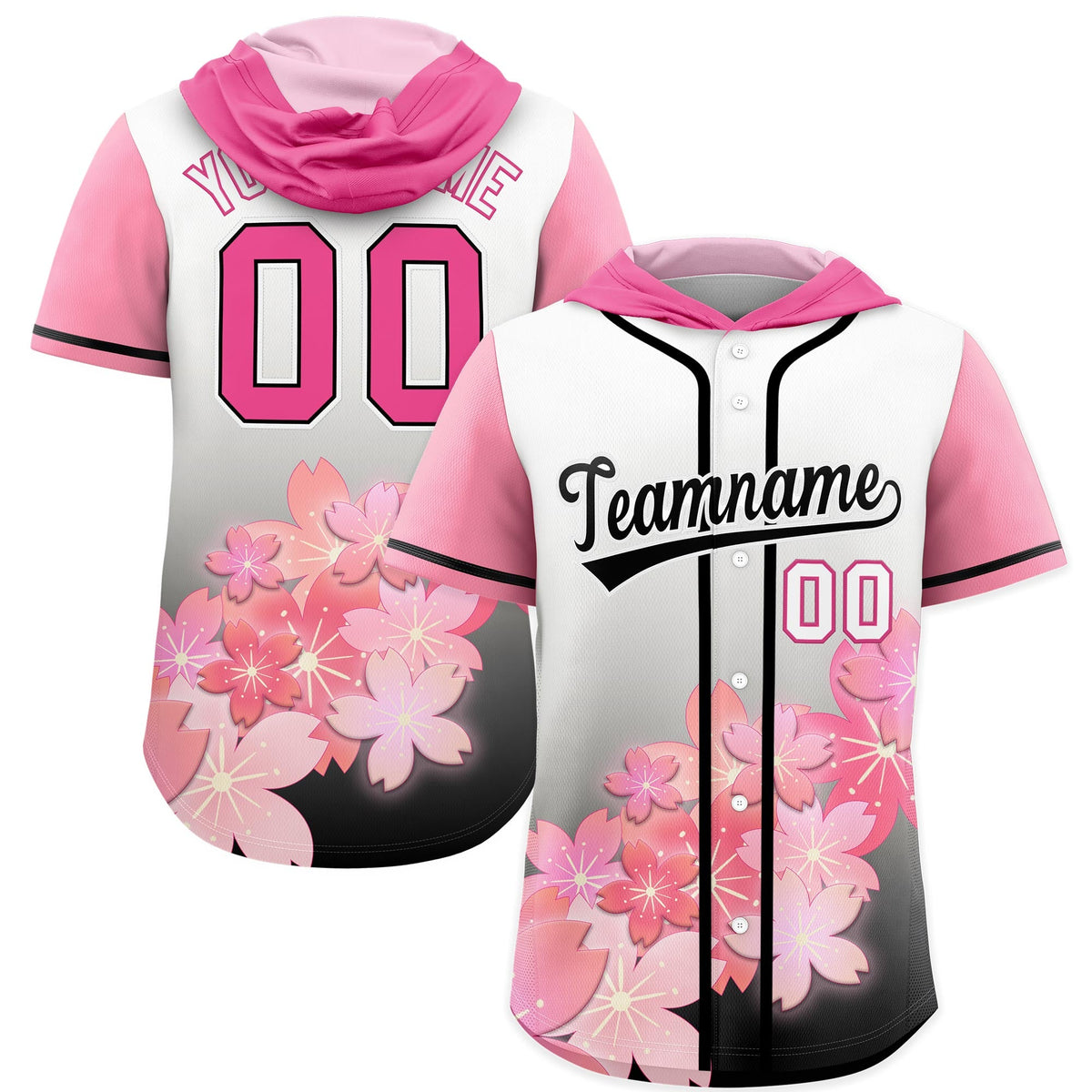 Custom Hooded Baseball Jersey | Pink Black Cherry Blossom Moisture-Wicking Jersey for Men &amp; Women