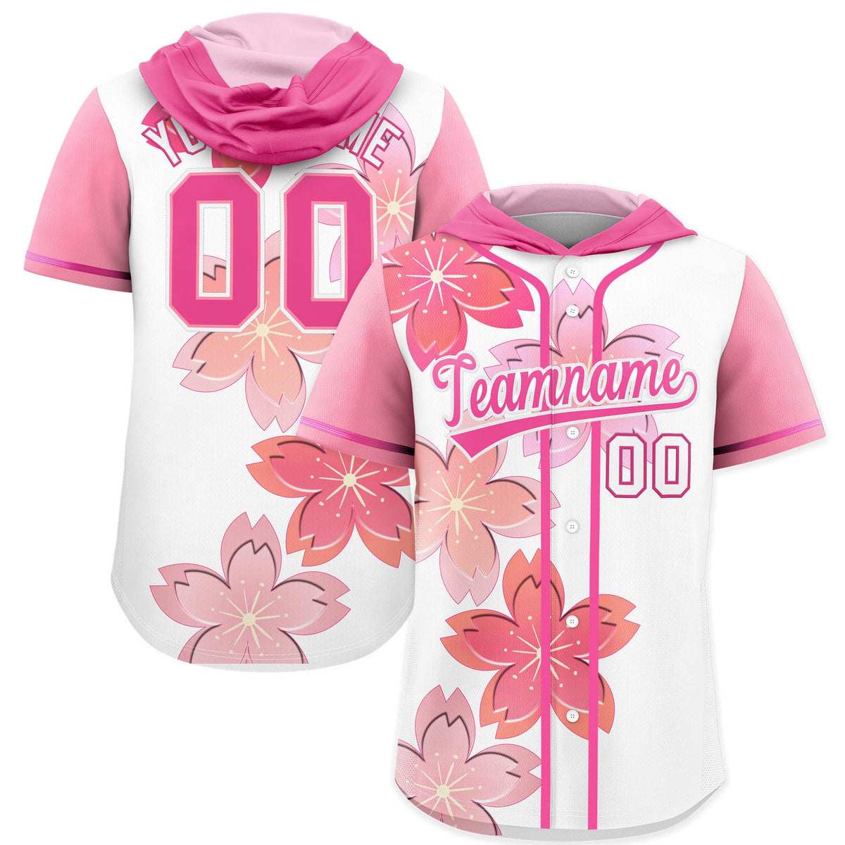 Custom Hooded Baseball Jersey | Pink White Cherry Blossom Personalized Name &amp; Number Sport Jersey