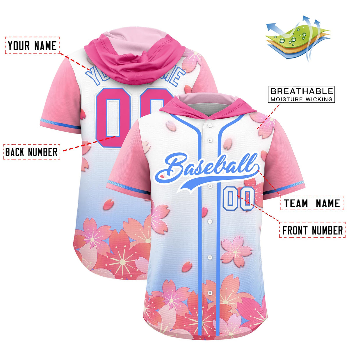 Custom Hooded Baseball Jersey | Pink Powder Blue Cherry Blossom Moisture-Wicking Jersey for Men &amp; Women