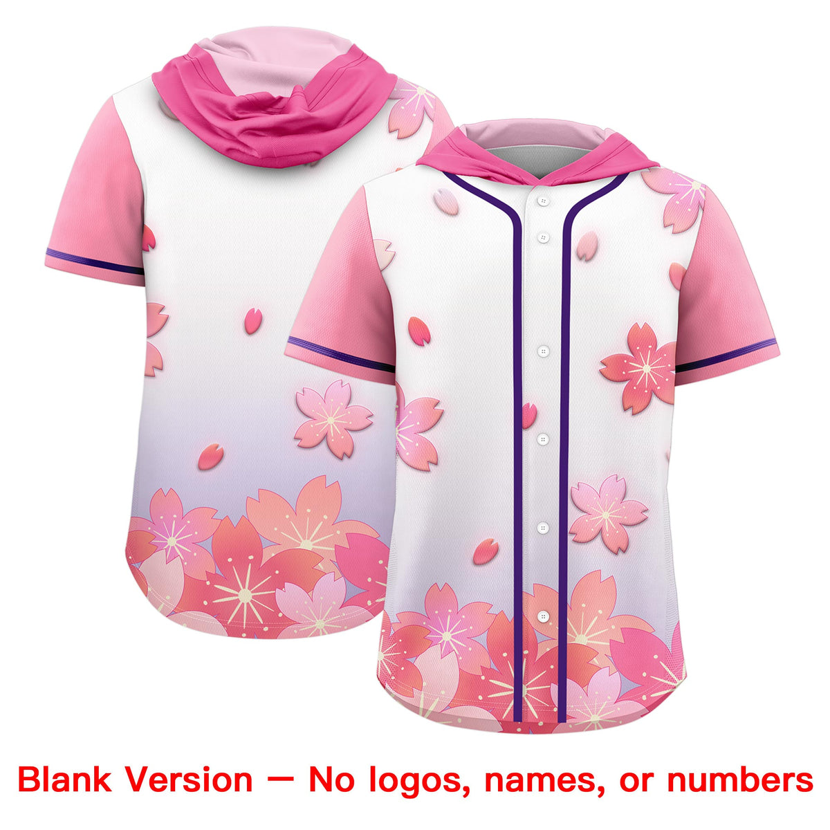 Custom Hooded Baseball Jersey | Pink Light Purple Cherry Blossom Personalized Name &amp; Number Sport Jersey