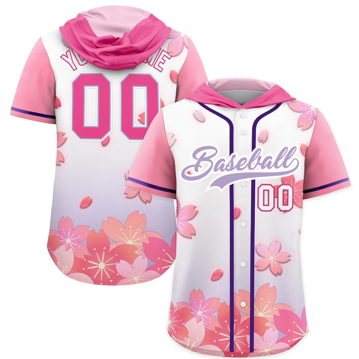 Custom Hooded Baseball Jersey | Pink Light Purple Cherry Blossom Personalized Name &amp; Number Sport Jersey