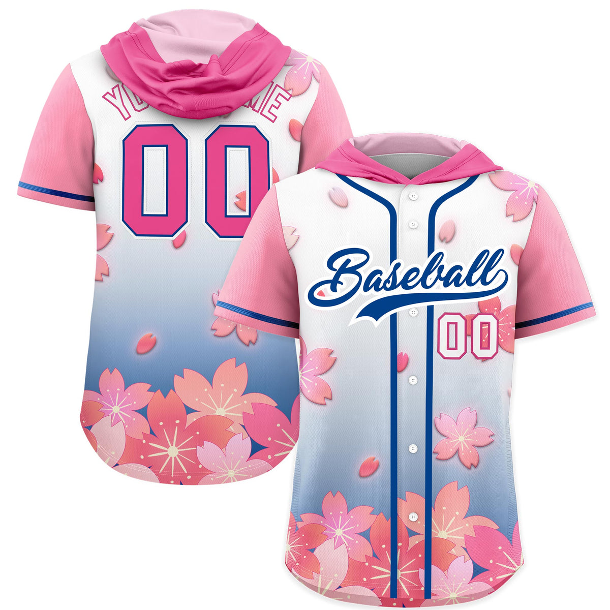 Custom Hooded Baseball Jersey | Pink Midnight Blue Cherry Blossom Breathable Athleisure Streetwear