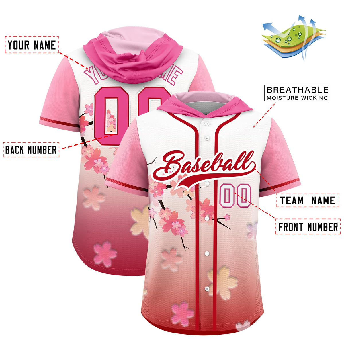 Custom Hooded Baseball Jersey | Pink Red Cherry Blossom Moisture-Wicking Jersey for Men &amp; Women