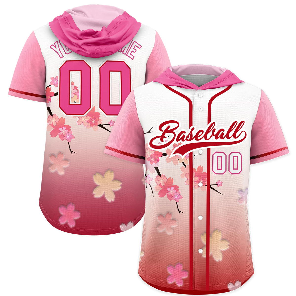 Custom Hooded Baseball Jersey | Pink Red Cherry Blossom Moisture-Wicking Jersey for Men &amp; Women