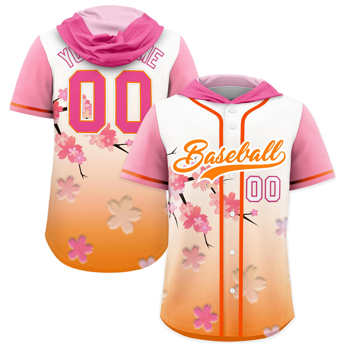 Custom Hooded Baseball Jersey | Pink Orange Cherry Blossom Personalized Name &amp; Number Sport Jersey