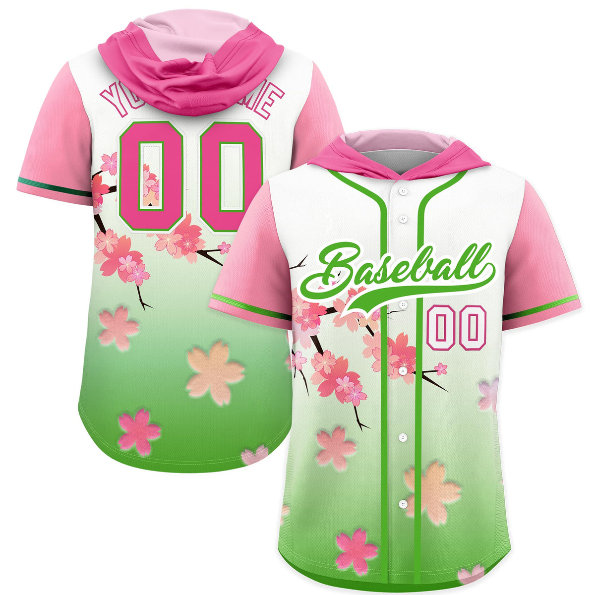 Custom Hooded Baseball Jersey | Pink Light Green Cherry Blossom Moisture-Wicking Jersey for Men &amp; Women
