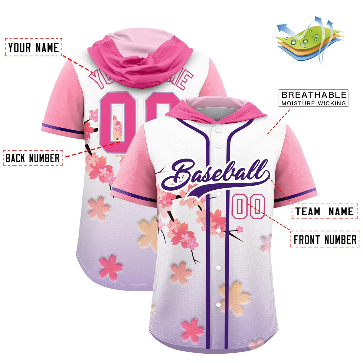 Custom Hooded Baseball Jersey | Pink Purple Cherry Blossom Moisture-Wicking Jersey for Men &amp; Women