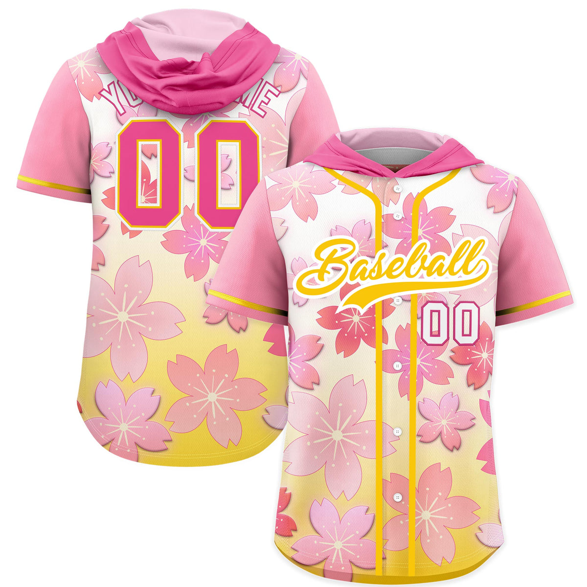 Custom Hooded Baseball Jersey | Pink Gold Cherry Blossom Personalized Name &amp; Number Sport Jersey