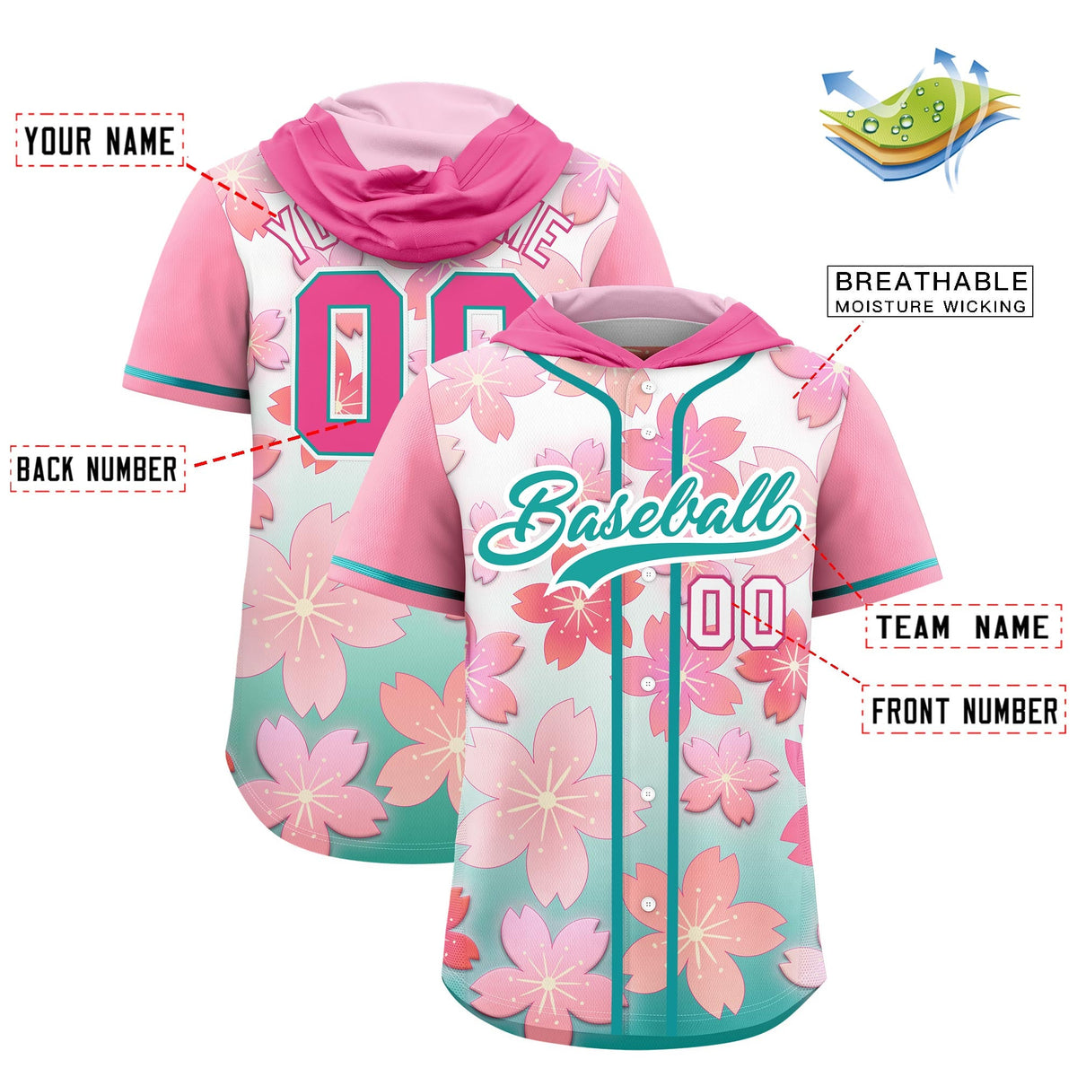 Custom Hooded Baseball Jersey | Pink Aqua Cherry Blossom Moisture-Wicking Jersey for Men &amp; Women