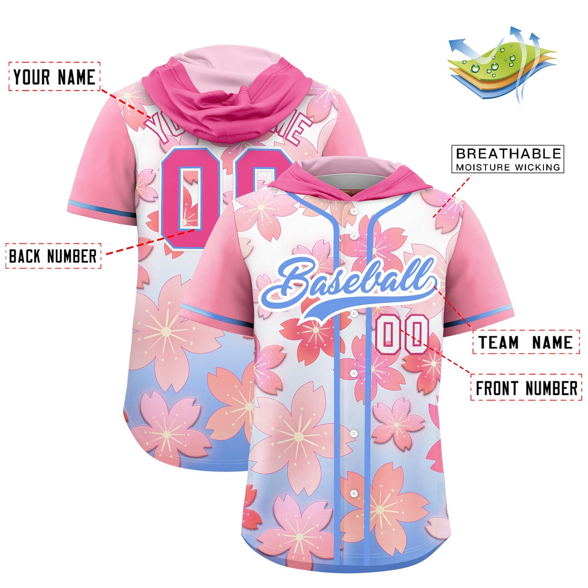Custom Hooded Baseball Jersey | Pink Light Blue Cherry Blossom Personalized Name &amp; Number Sport Jersey