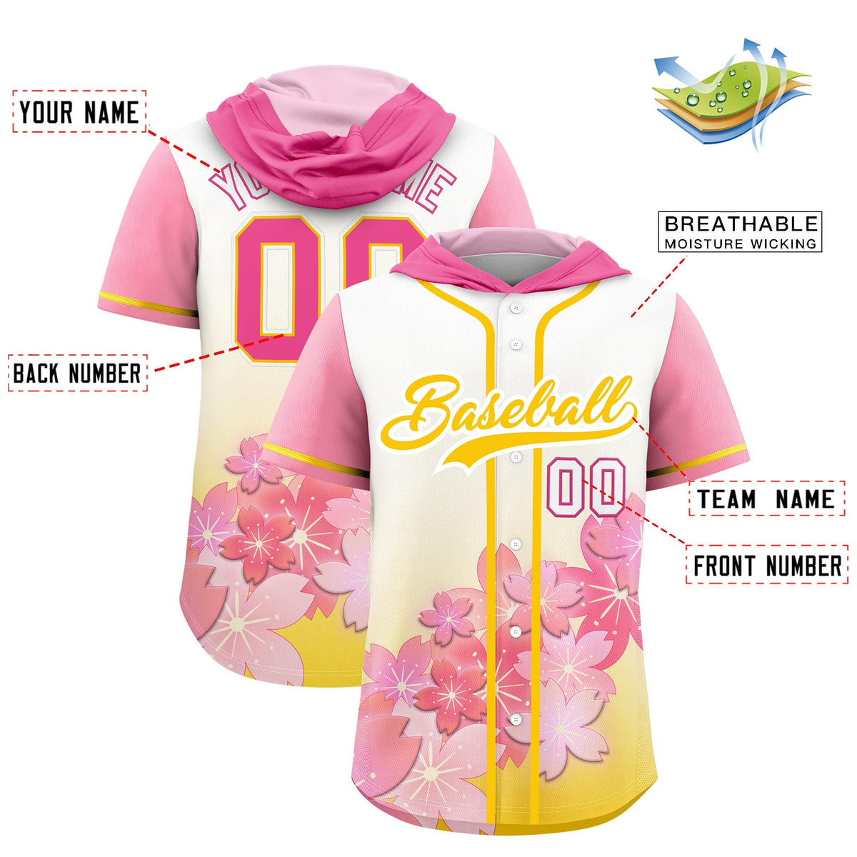 Custom Hooded Baseball Jersey | Gold White Cherry Blossom Personalized Name &amp; Number Sport Jersey