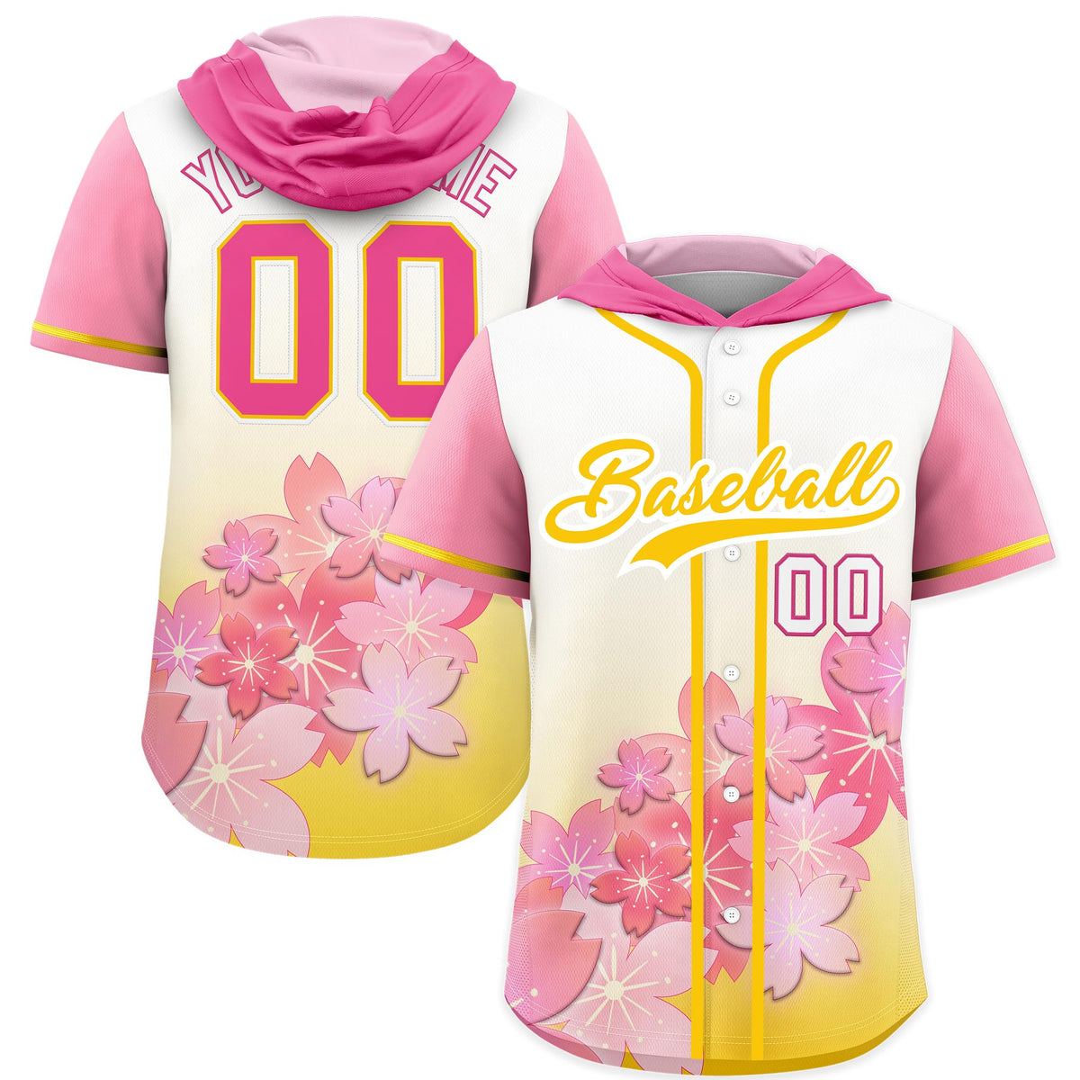Custom Hooded Baseball Jersey | Gold White Cherry Blossom Personalized Name &amp; Number Sport Jersey