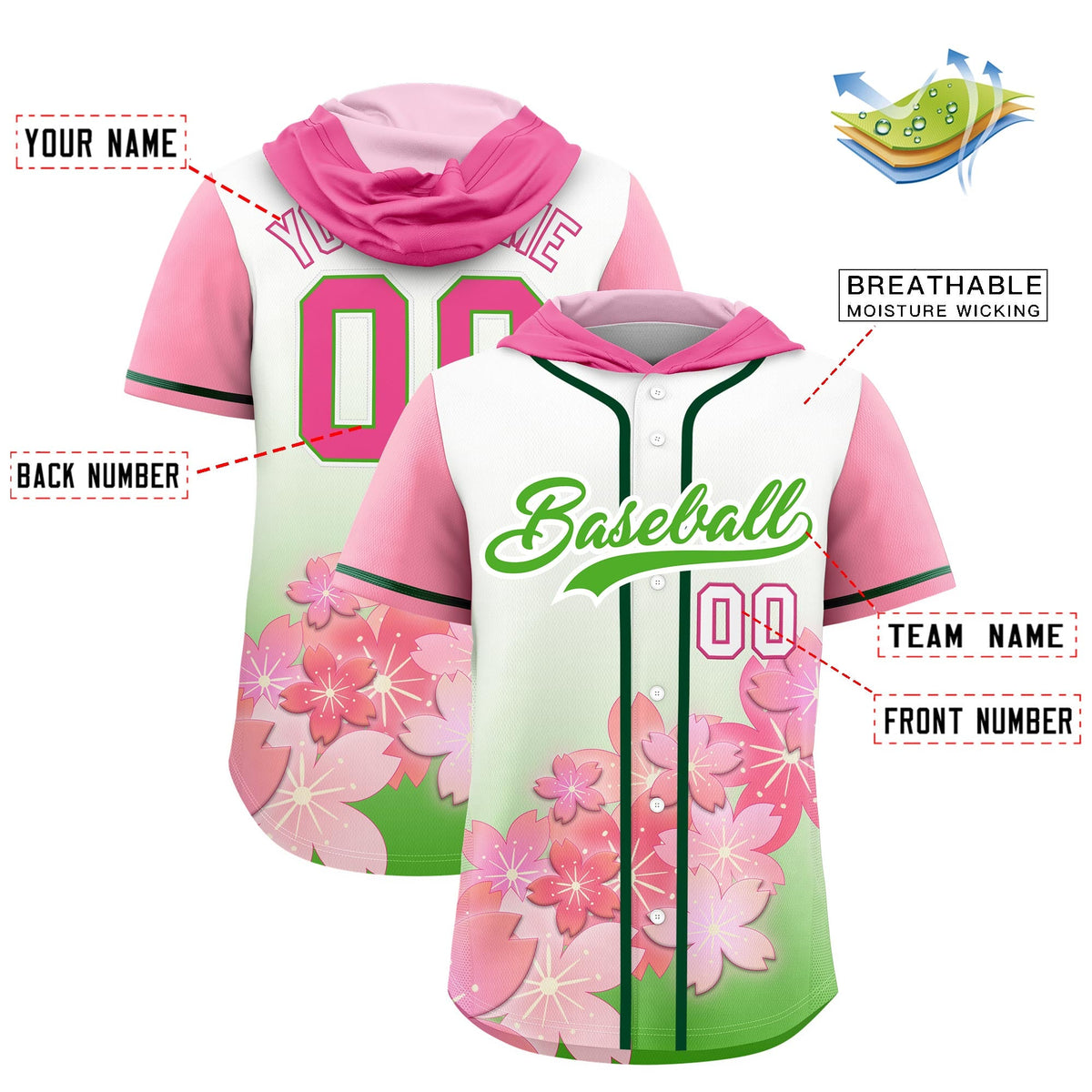 Custom Hooded Baseball Jersey | Pink Light Green Cherry Blossom Breathable Athleisure Streetwear
