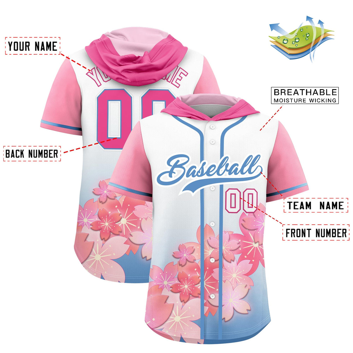 Custom Hooded Baseball Jersey | Pink Light Blue Cherry Blossom Personalized Name &amp; Number Sport Jersey