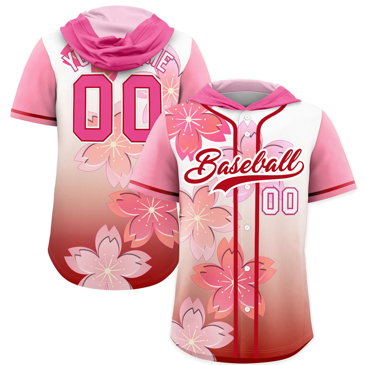 Custom Hooded Baseball Jersey | Pink Red Cherry Blossom Breathable Athleisure Streetwear