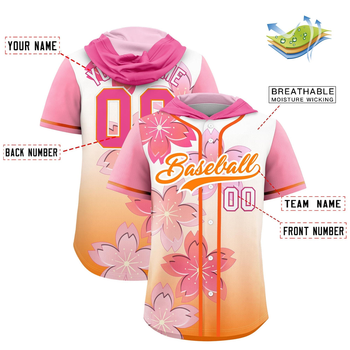 Custom Hooded Baseball Jersey | Pink Orange Cherry Blossom Moisture-Wicking Jersey for Men &amp; Women