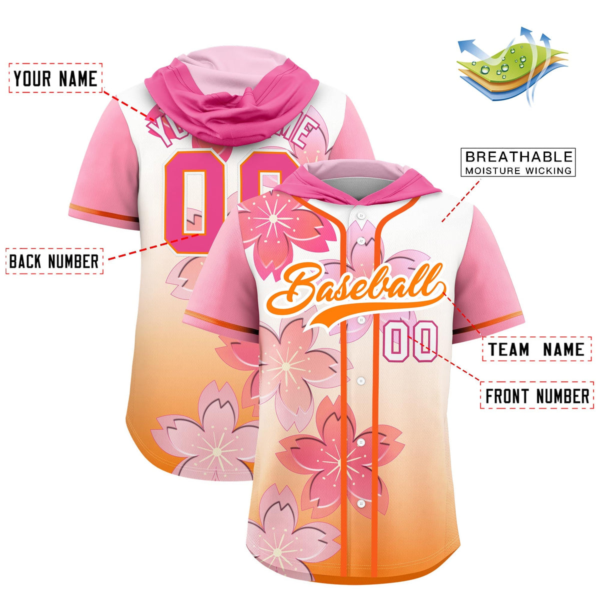 Custom Hooded Baseball Jersey | Pink Orange Cherry Blossom Moisture-Wicking Jersey for Men &amp; Women