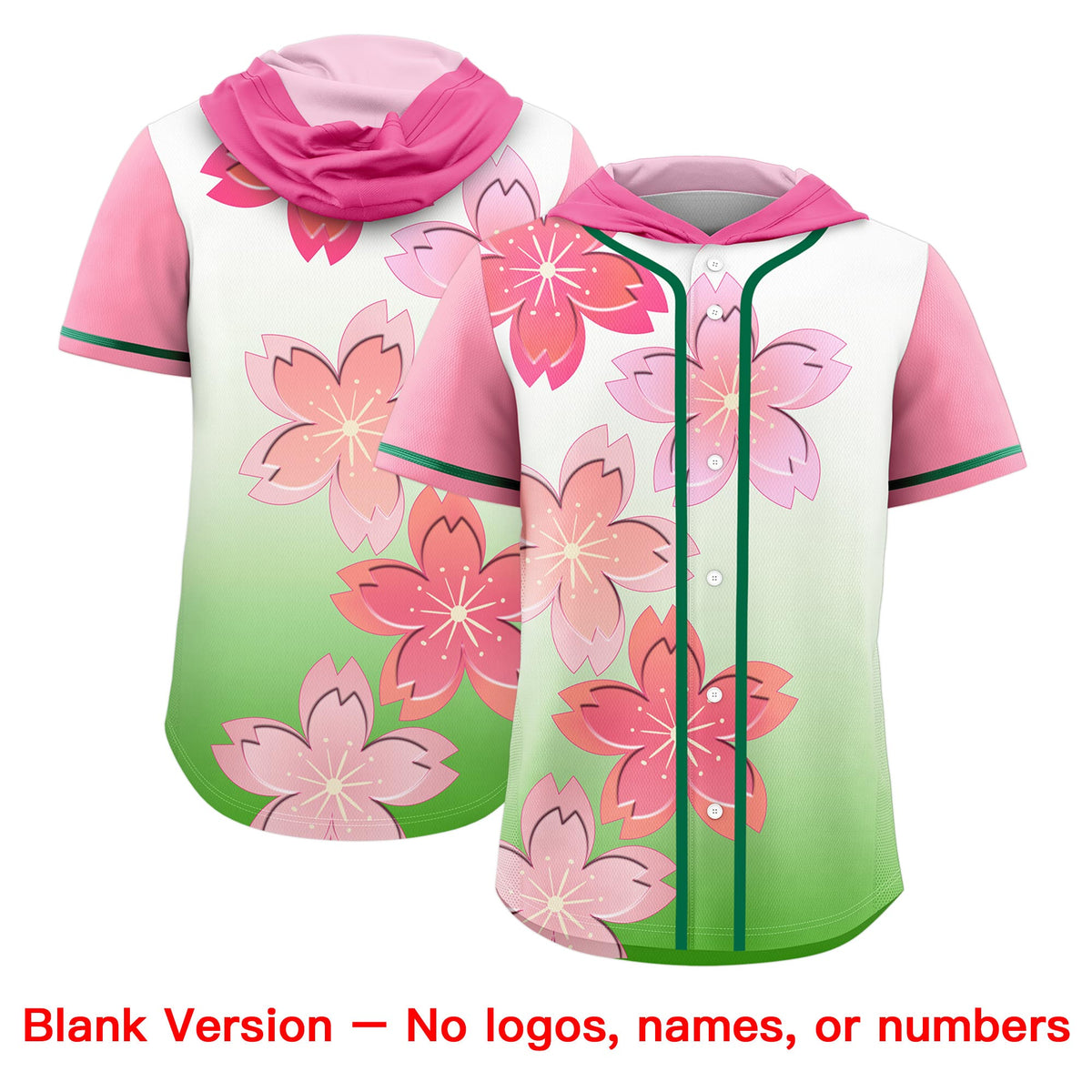Custom Hooded Baseball Jersey | Pink Light Green Cherry Blossom Breathable Athleisure Streetwear