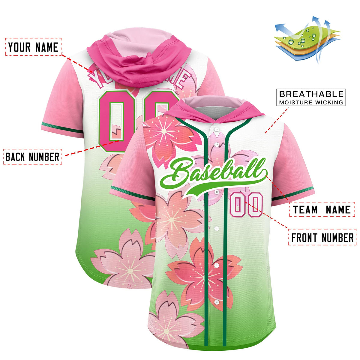 Custom Hooded Baseball Jersey | Pink Light Green Cherry Blossom Breathable Athleisure Streetwear
