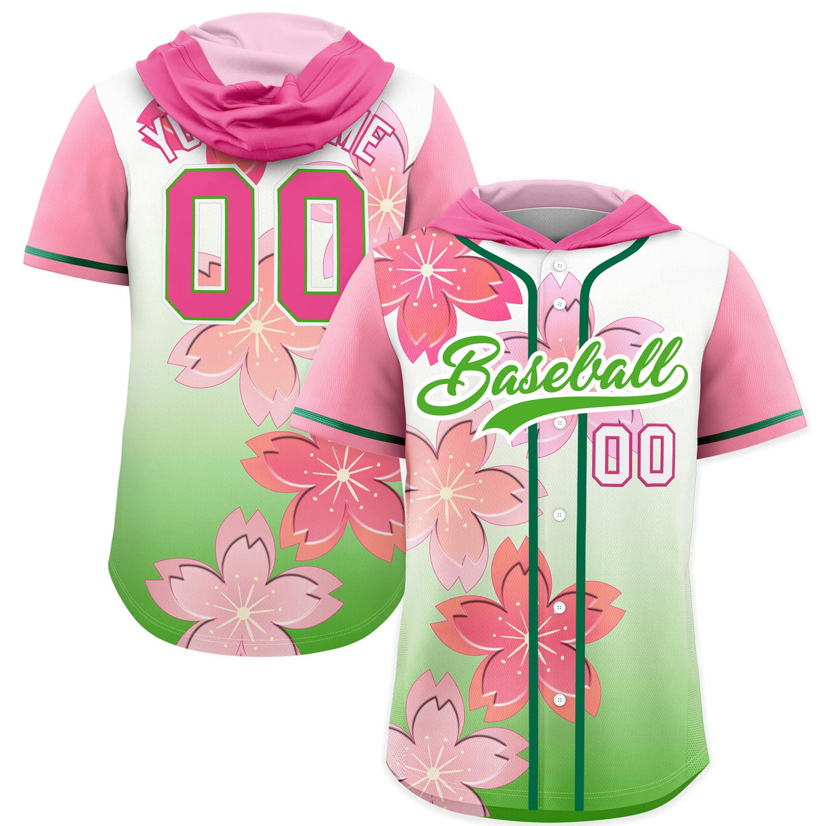 Custom Hooded Baseball Jersey | Pink Light Green Cherry Blossom Breathable Athleisure Streetwear
