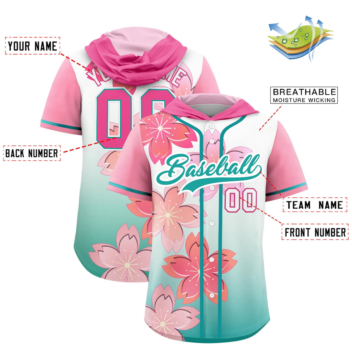Custom Hooded Baseball Jersey | Pink Teal Cherry Blossom Moisture-Wicking Jersey for Men &amp; Women