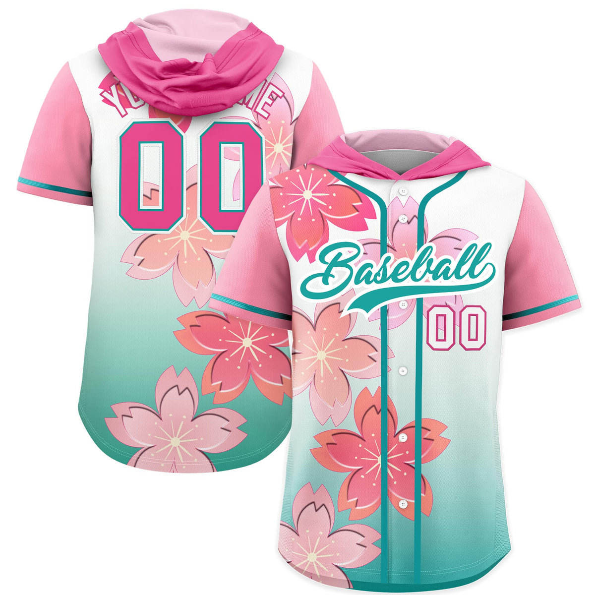 Custom Hooded Baseball Jersey | Pink Teal Cherry Blossom Moisture-Wicking Jersey for Men &amp; Women