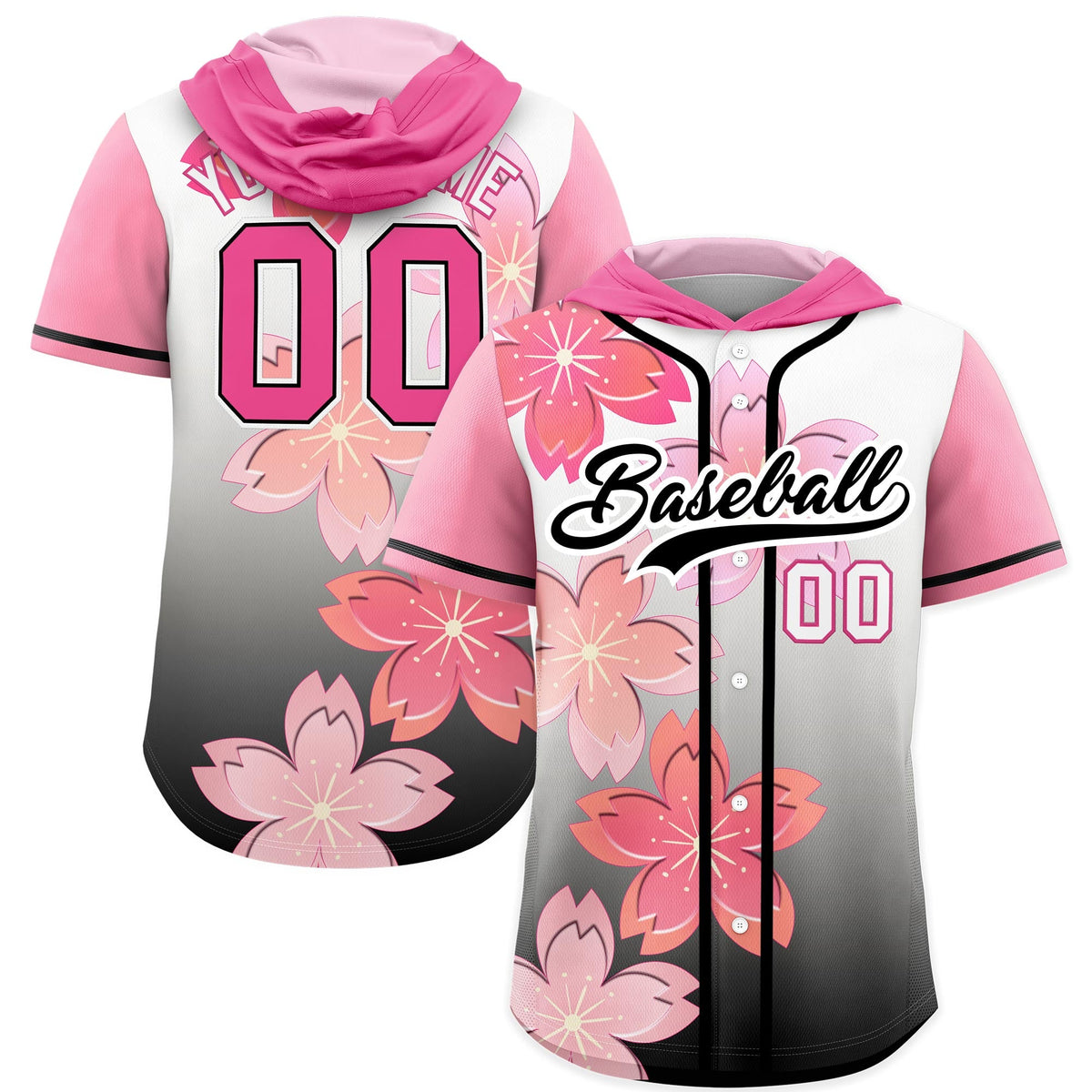 Custom Hooded Baseball Jersey | Pink Black Cherry Blossom Moisture-Wicking Jersey for Men &amp; Women