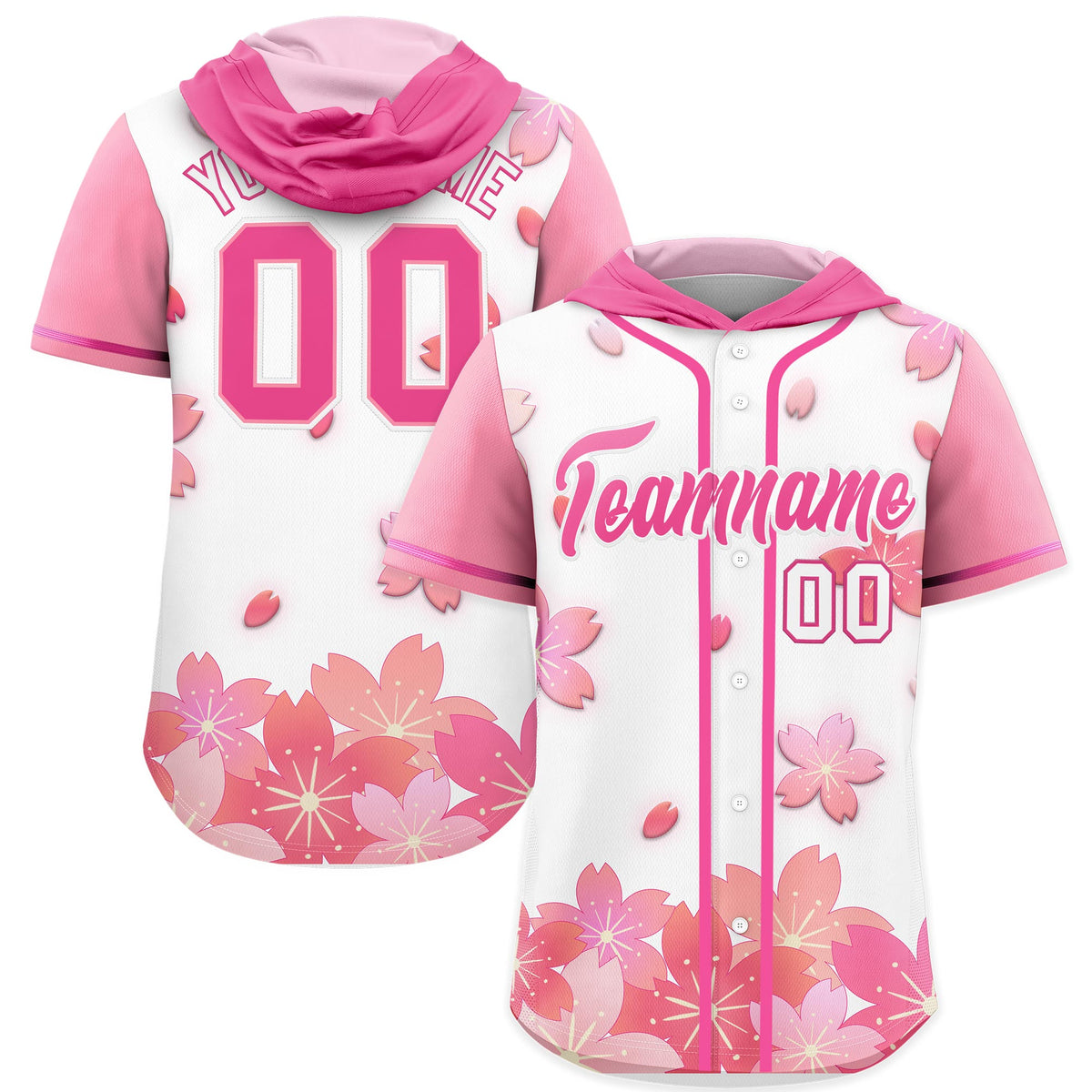 Custom Hooded Baseball Jersey | White Pink Cherry Blossom Personalized Name &amp; Number Sport Jersey