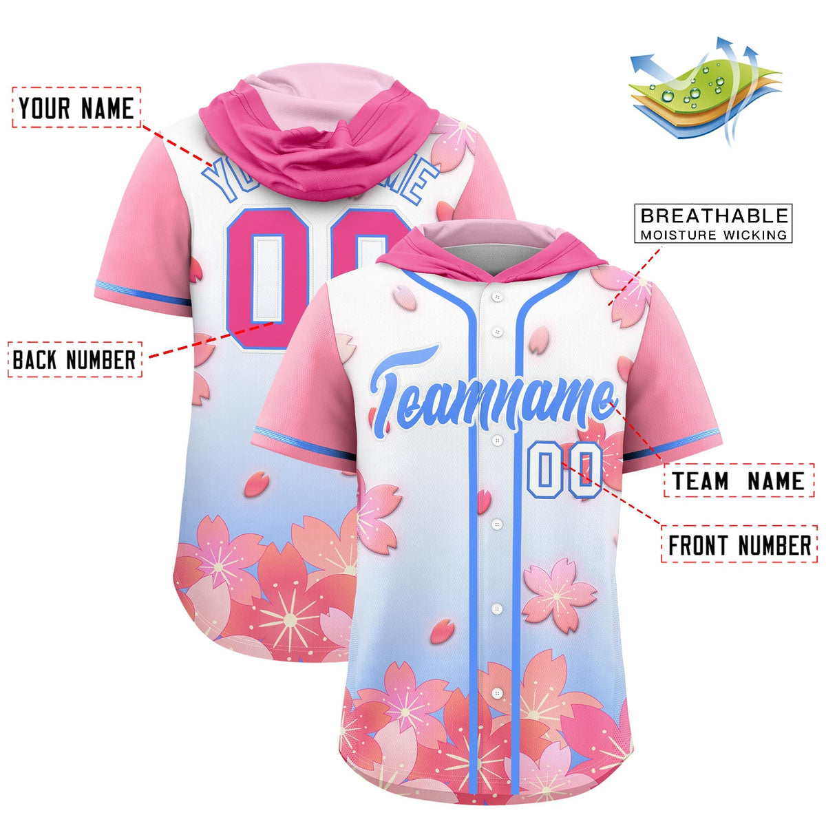 Custom Hooded Baseball Jersey | Pink Powder Blue Cherry Blossom Moisture-Wicking Jersey for Men &amp; Women