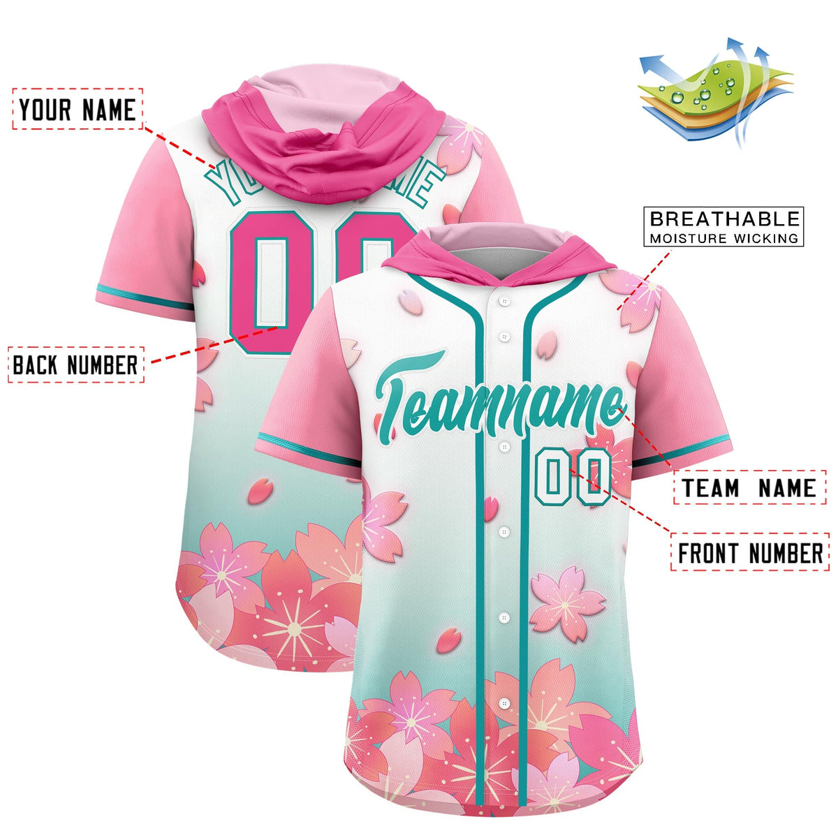 Custom Hooded Baseball Jersey | Pink Aqua Cherry Blossom Personalized Name &amp; Number Sport Jersey