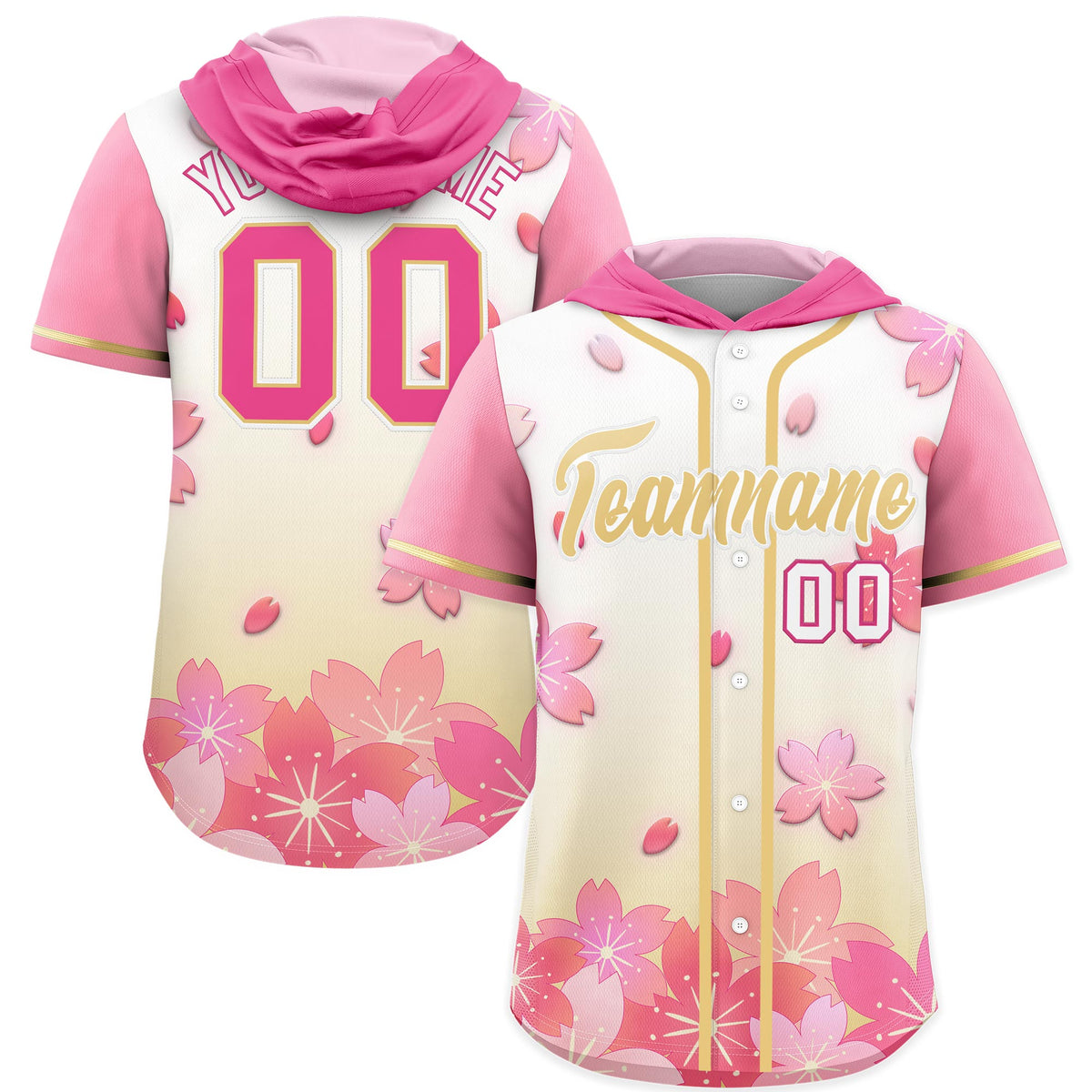 Custom Hooded Baseball Jersey | Pink Khaki Cherry Blossom Breathable Athleisure Streetwear