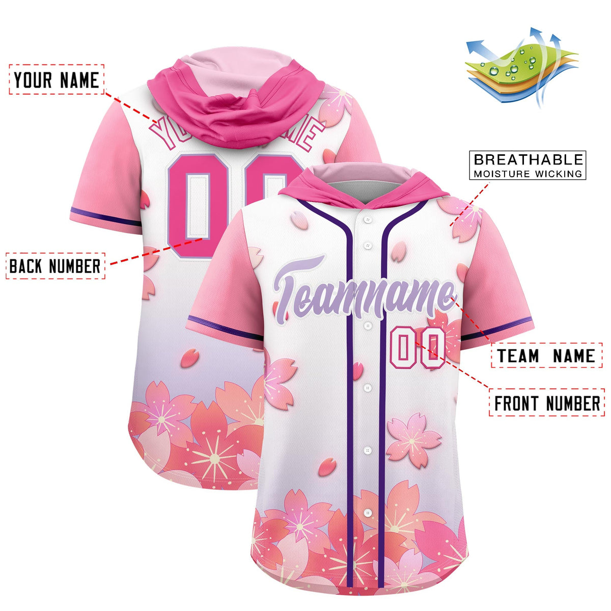Custom Hooded Baseball Jersey | Pink Light Purple Cherry Blossom Personalized Name &amp; Number Sport Jersey