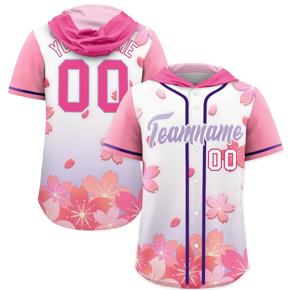 Custom Hooded Baseball Jersey | Pink Light Purple Cherry Blossom Personalized Name &amp; Number Sport Jersey