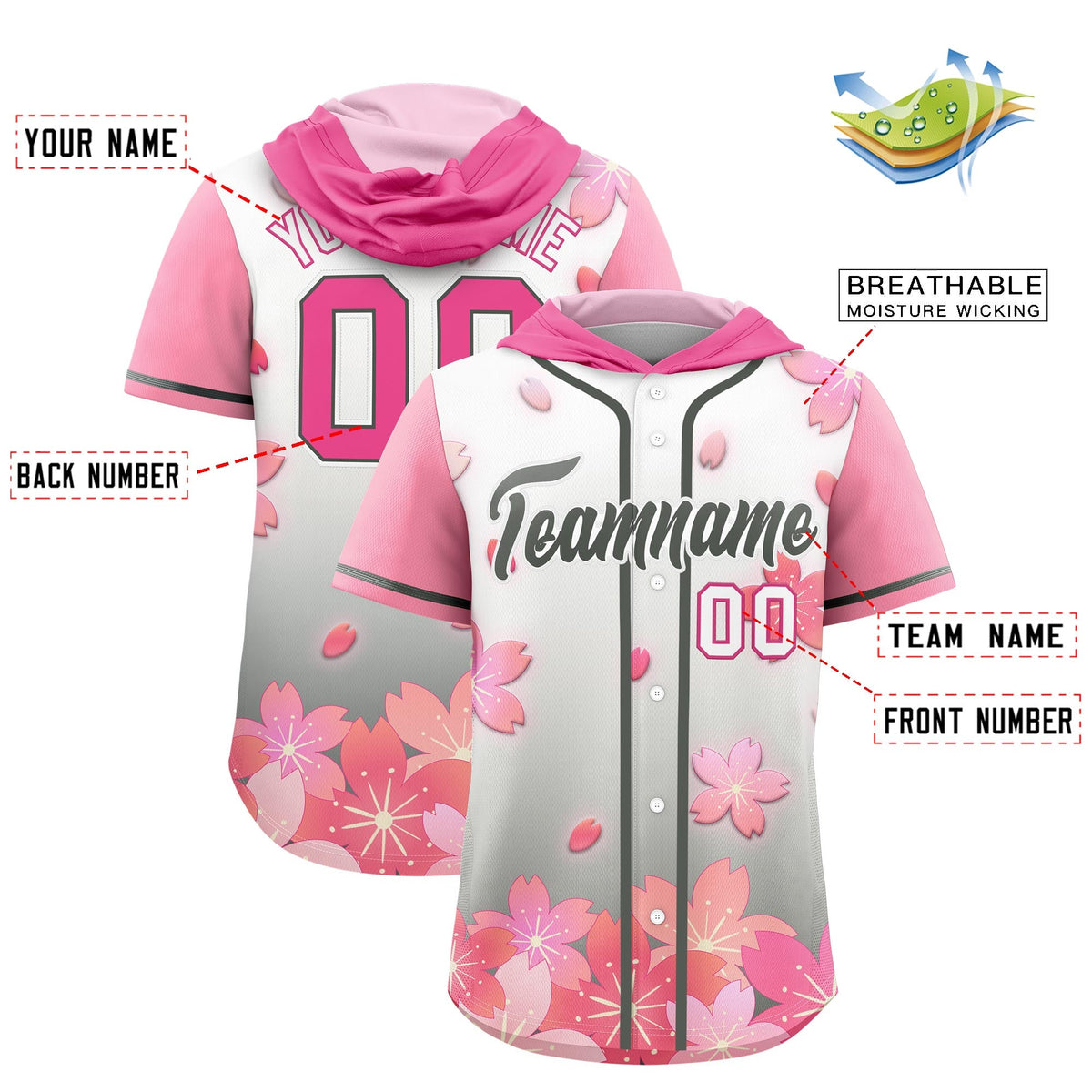 Custom Hooded Baseball Jersey | Pink Gray Cherry Blossom Moisture-Wicking Jersey for Men &amp; Women