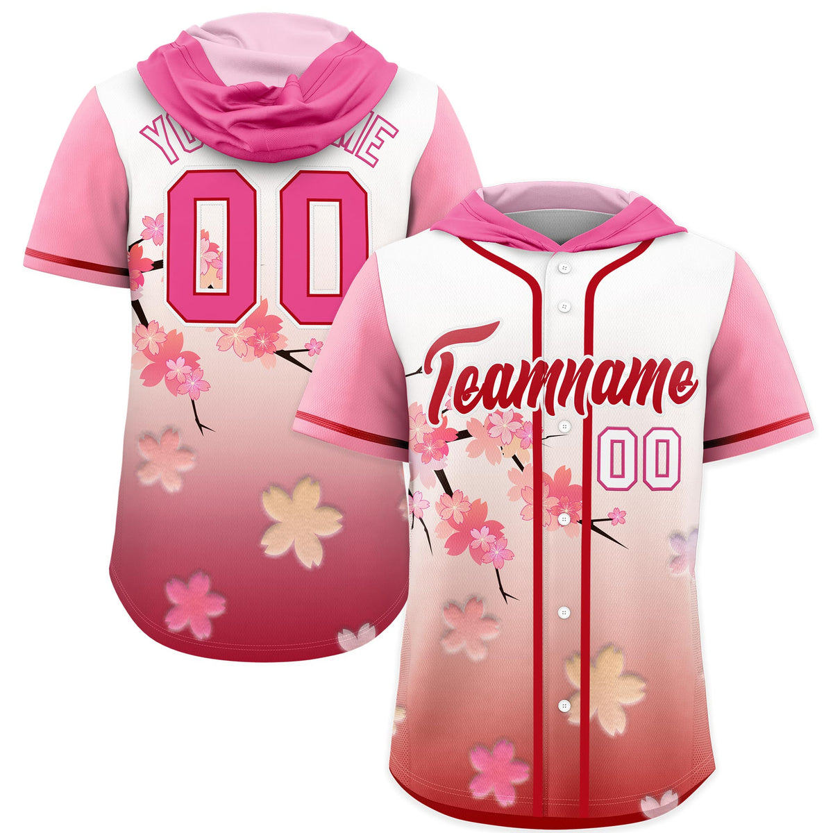 Custom Hooded Baseball Jersey | Pink Red Cherry Blossom Moisture-Wicking Jersey for Men &amp; Women