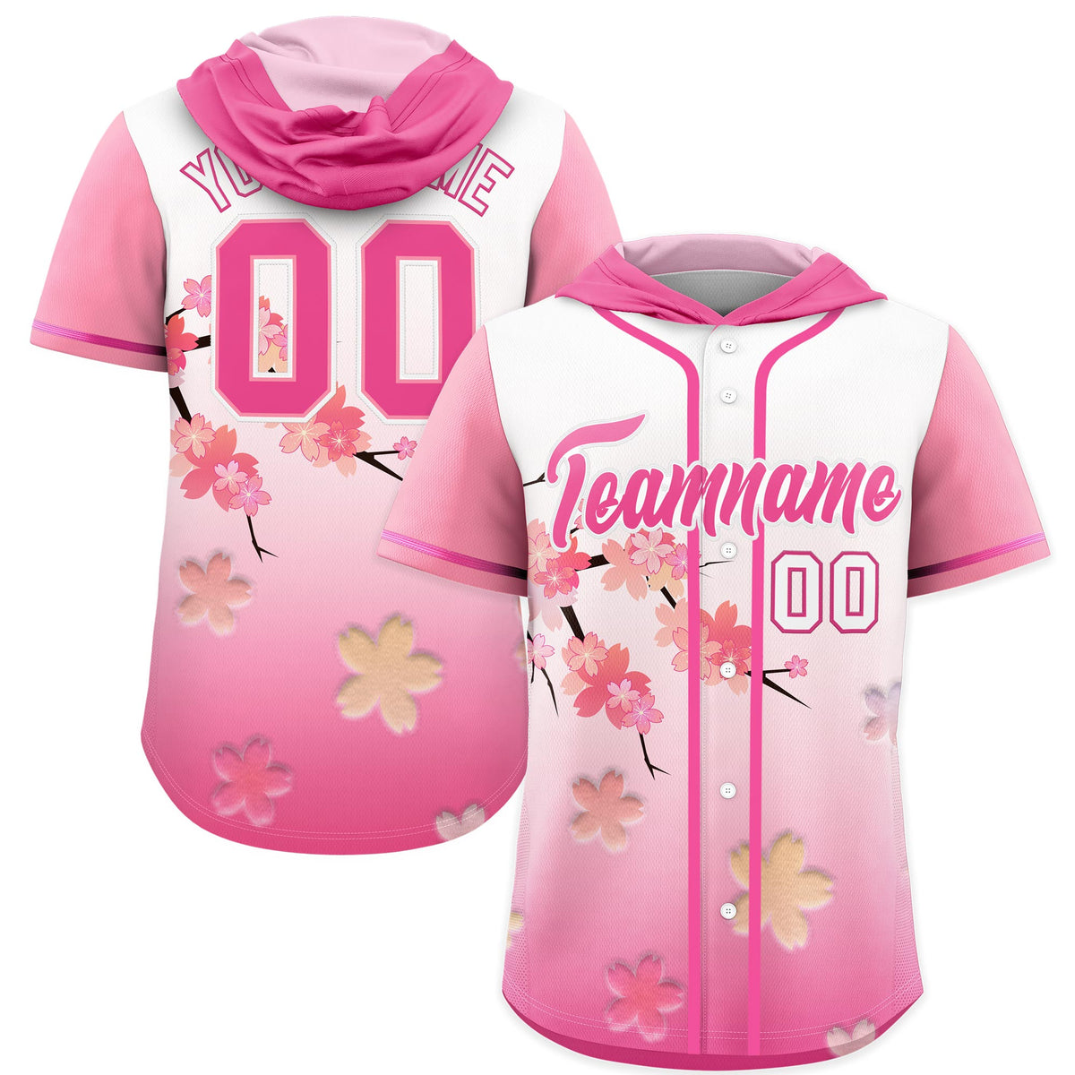 Custom Hooded Baseball Jersey | Pink White Cherry Blossom Personalized Name &amp; Number Sport Jersey