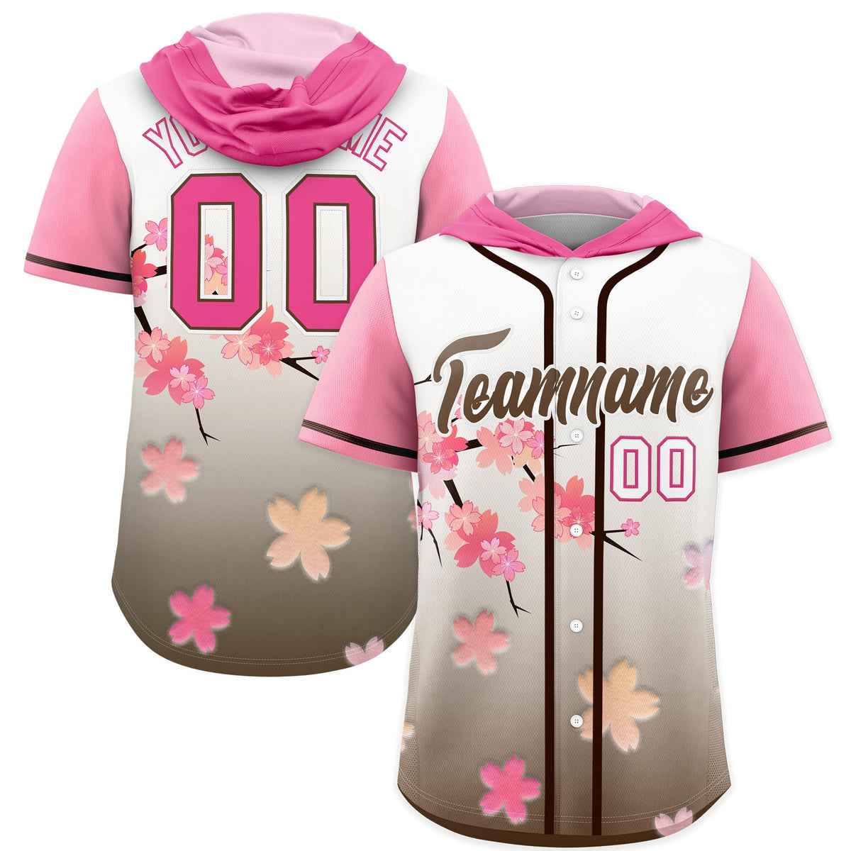 Custom Hooded Baseball Jersey | Pink Light Brown Cherry Blossom Breathable Athleisure Streetwear