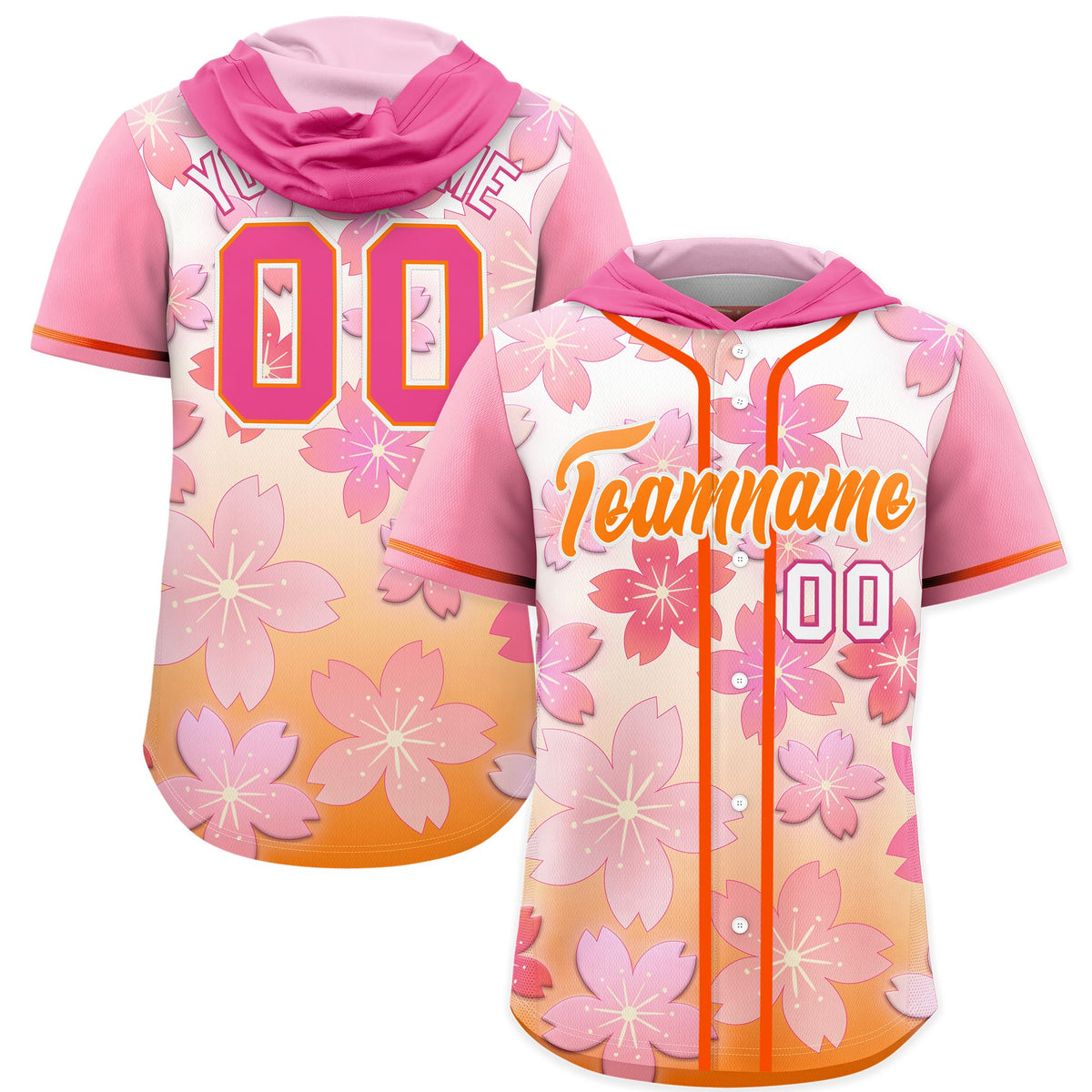 Custom Hooded Baseball Jersey | Pink Orange Cherry Blossom Moisture-Wicking Jersey for Men &amp; Women