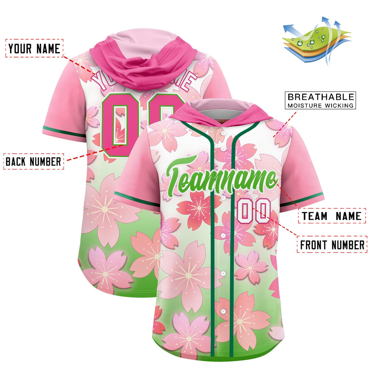Custom Hooded Baseball Jersey | Pink Light Green Cherry Blossom Breathable Athleisure Streetwear