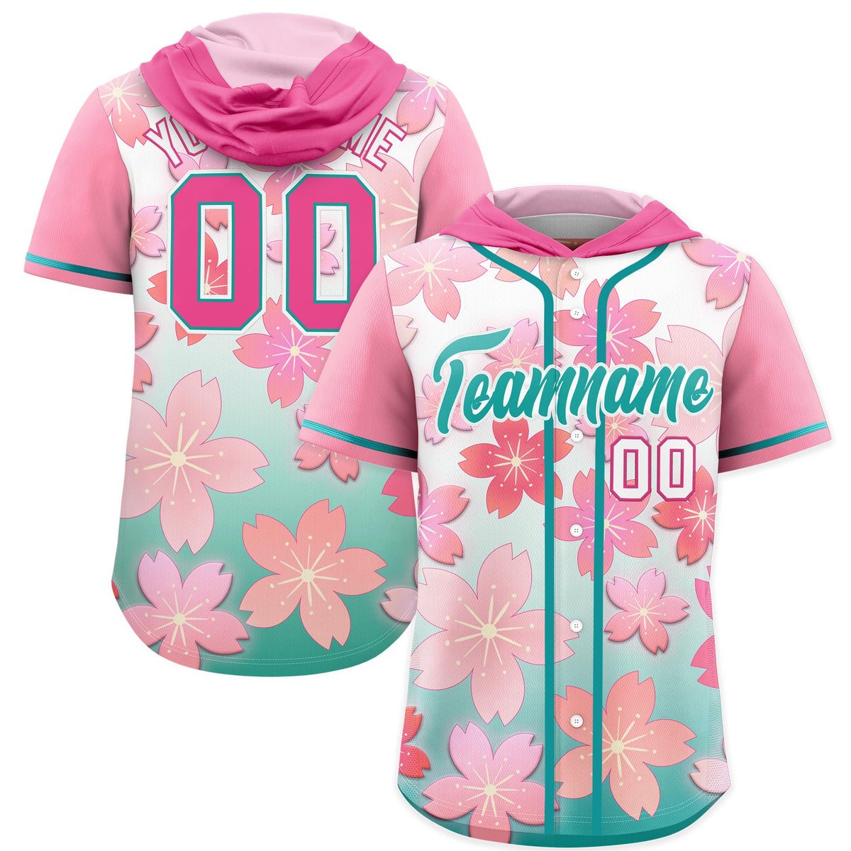 Custom Hooded Baseball Jersey | Pink Aqua Cherry Blossom Moisture-Wicking Jersey for Men &amp; Women