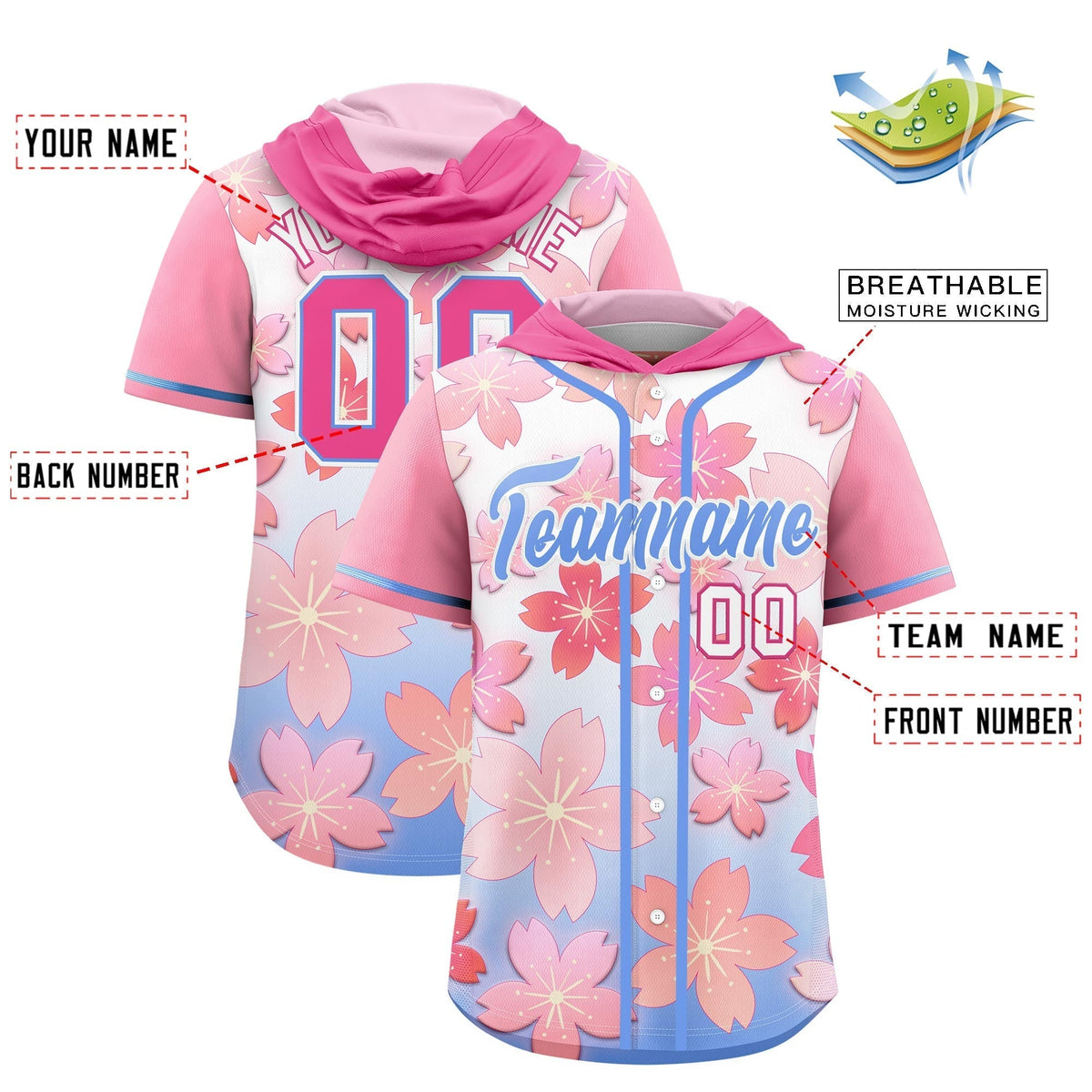 Custom Hooded Baseball Jersey | Pink Light Blue Cherry Blossom Personalized Name &amp; Number Sport Jersey