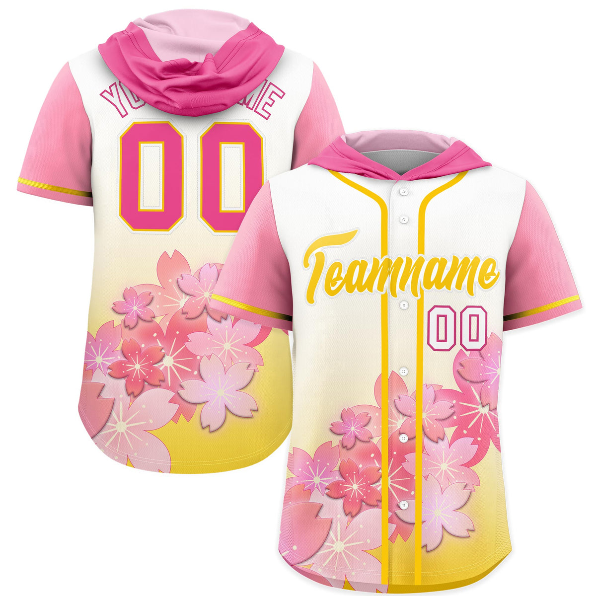 Custom Hooded Baseball Jersey | Gold White Cherry Blossom Personalized Name &amp; Number Sport Jersey