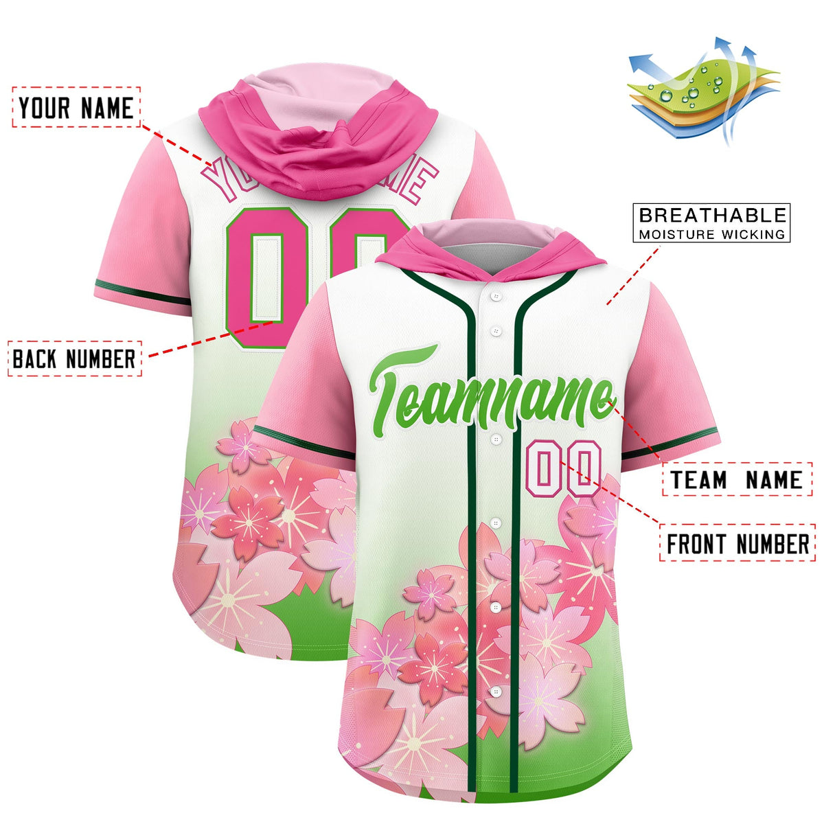 Custom Hooded Baseball Jersey | Pink Light Green Cherry Blossom Breathable Athleisure Streetwear